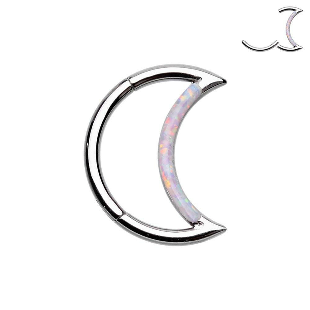 Opal Inlay Moon Shape Steel Seamless Hinged Clicker Ring.