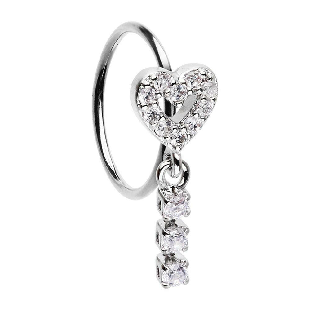 Open Heart Gem Drop Dangle Bendable Nose Hoop - Impulse Piercings