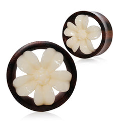 Organic Buffalo Bone Flower Blossom Sono Wood Tunnel Plug.