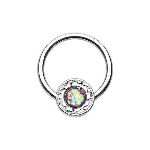 Ornate Round Opal Steel Captive Bead Ring.