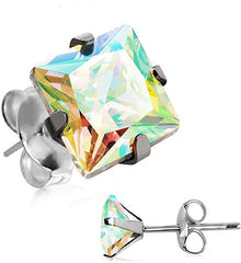 Pair of Stainless Steel Aurora Borealis Princess Cut CZ Stud Earrings.