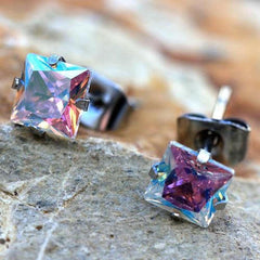 Pair of Stainless Steel Aurora Borealis Princess Cut CZ Stud Earrings.