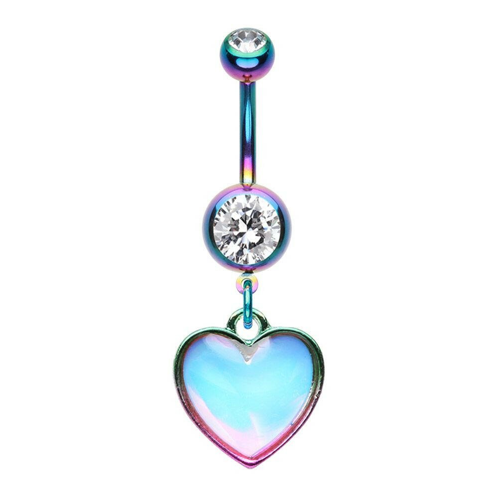 Rainbow Illuminating Moonstone Heart Belly Button Ring.