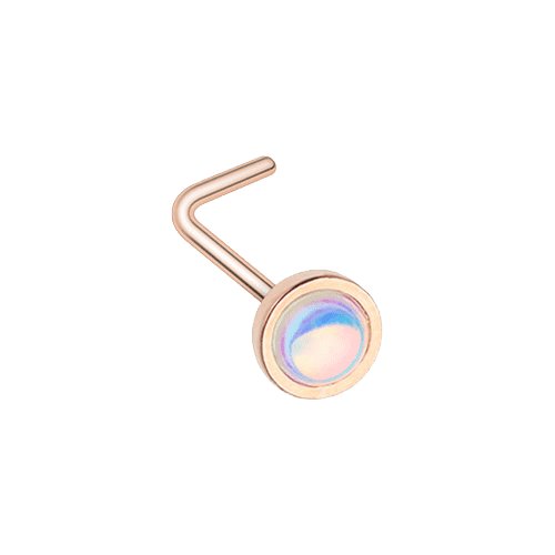 Rose Gold Bezel Set Revo Reflecting Stone L-Shape Nose Ring.