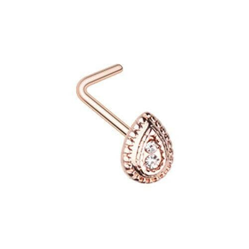 Rose Gold Classic Ornate Teardrop L-Shape Nose Ring.