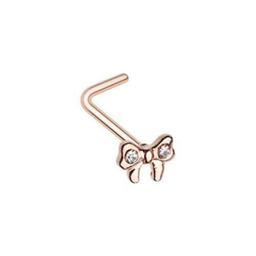 Rose Gold Dainty Bow-Tie Sparkle Gem L-Shape Nose Ring.