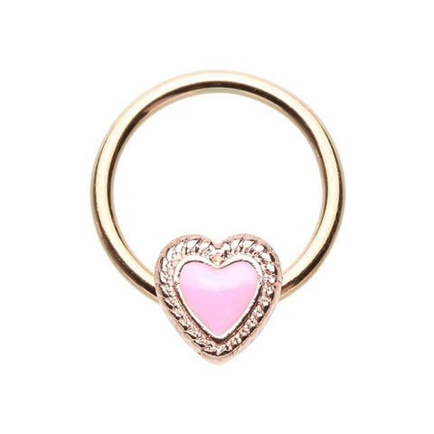 Rose Gold Doily Valentine Heart Steel Captive Bead Ring.