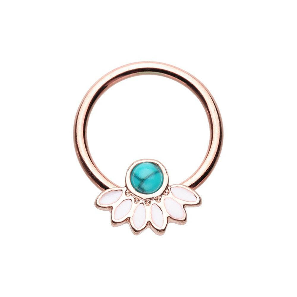 Rose Gold Filigree Synthetic Turquoise Steel Captive Bead Ring.