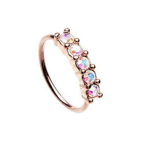 Rose Gold Iridescent Seamless Prong set 5 Gem Bendable Nose Hoop.