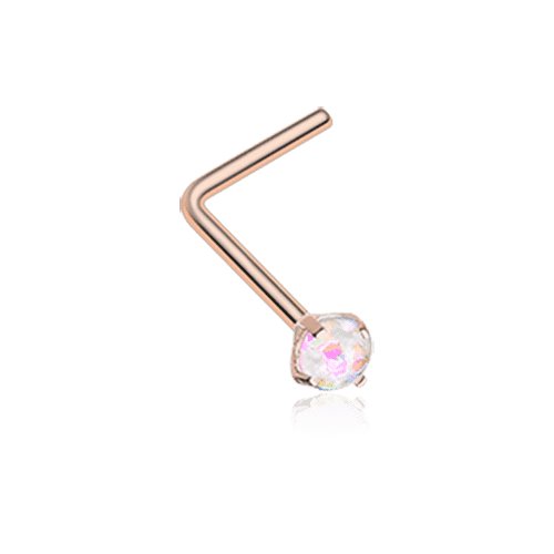 Rose Gold Opal Sparkle Prong Set L-Shaped Nose Ring.