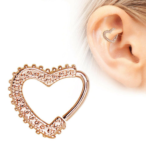 Rose Gold Plated Annealed Ornamental Heart Cartilage Earring - Impulse Piercings