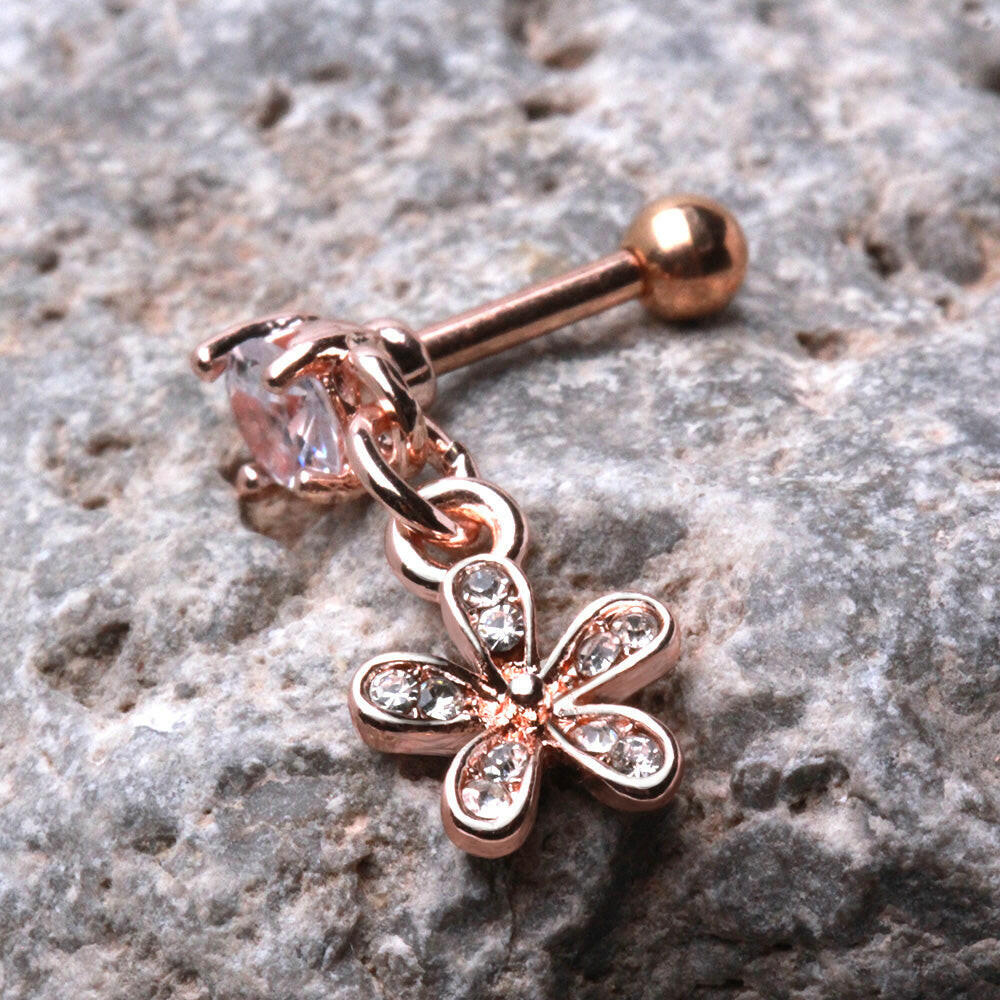 Rose Gold Plated Cartilage Earring with Flower Dangle - Impulse Piercings