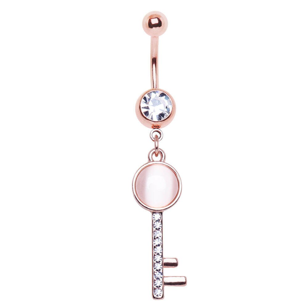 Rose Gold Plated Cat's Eye Key Dangle Navel Ring.