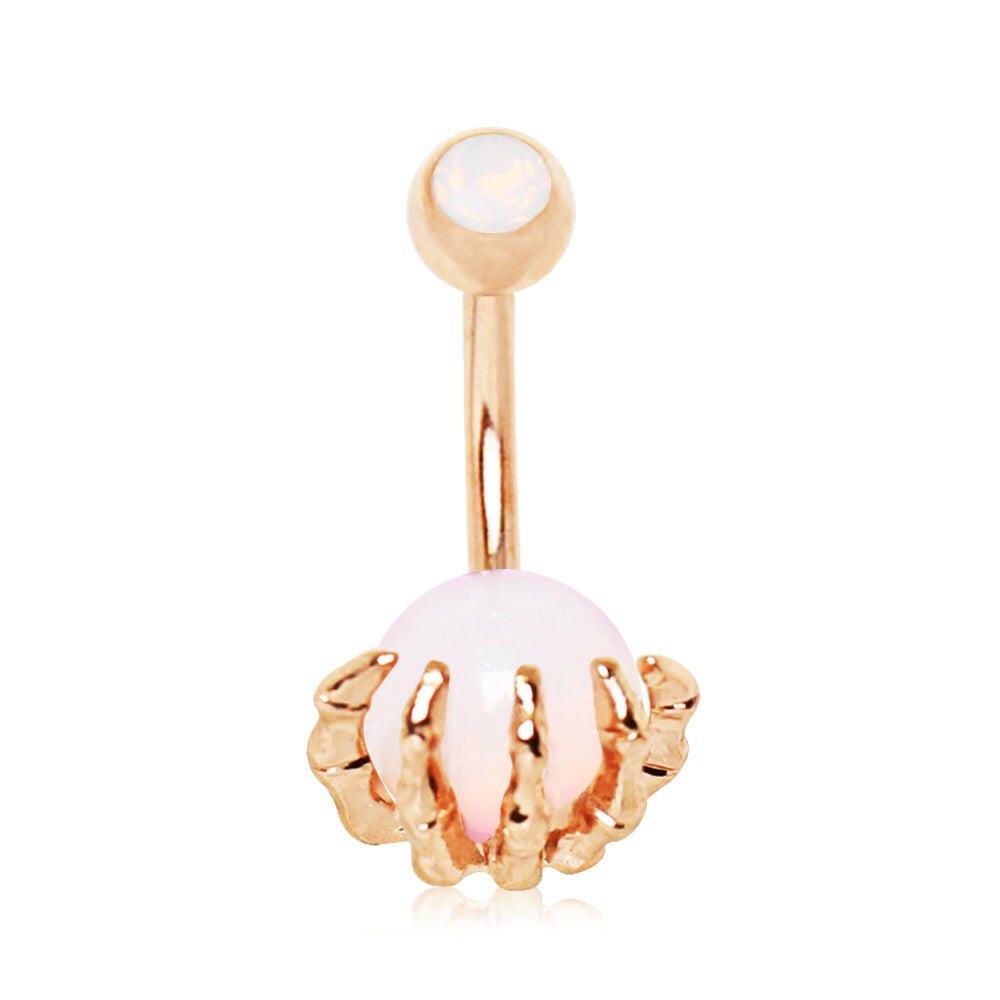 Rose Gold Plated Skeleton Hand Holding Crystal Ball Navel Ring.