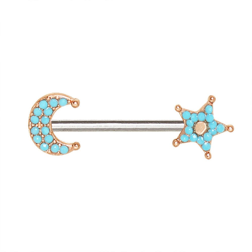 Rose Gold Plated Turquoise Bead Moon & Star Nipple Bar.