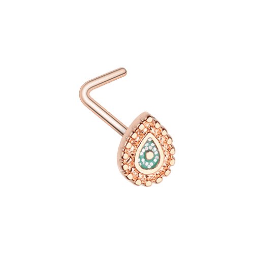 Rose Gold Sparkling Glitter Ornate Teardrop L-Shape Nose Ring.