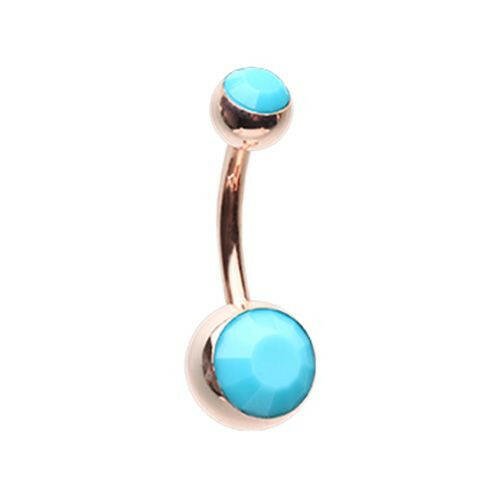 Rose Gold Turquoise Double Ball Inlay Belly Button Ring.