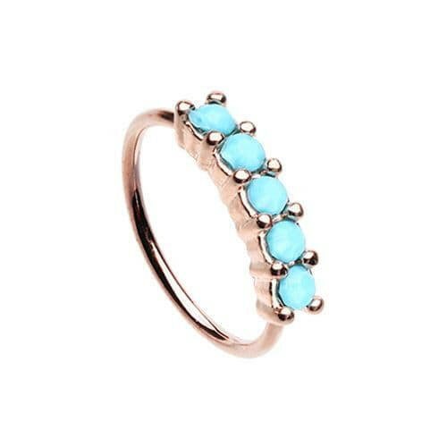 Rose Gold Turquoise Seamless Prong set 5 Gem Bendable Nose Hoop.