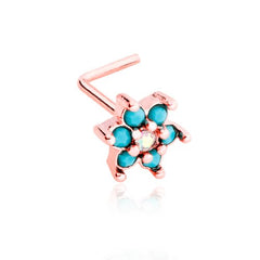 Rose Gold Turquoise Spring Flower Sparkle Prong Set L-Shaped Nose Ring.