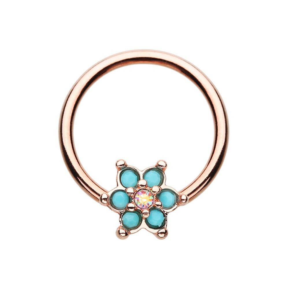 Rose Gold Turquoise Spring Flower Sparkle Steel Captive Bead Ring.