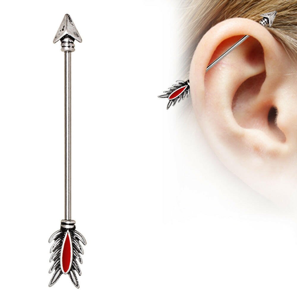 Stainless Steel Antique Tribal Arrow Industrial Barbell with Red Feather.