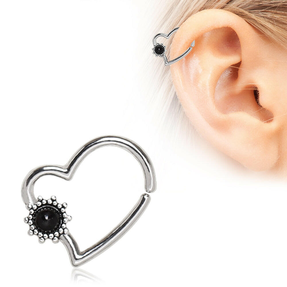 Stainless Steel Black Flower Heart Annealed Cartilage Earring.