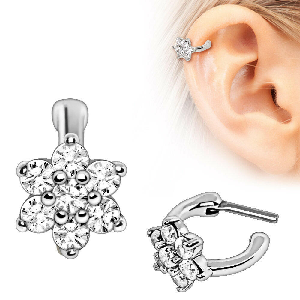 Stainless Steel CZ Flower Cartilage Clicker Earring.