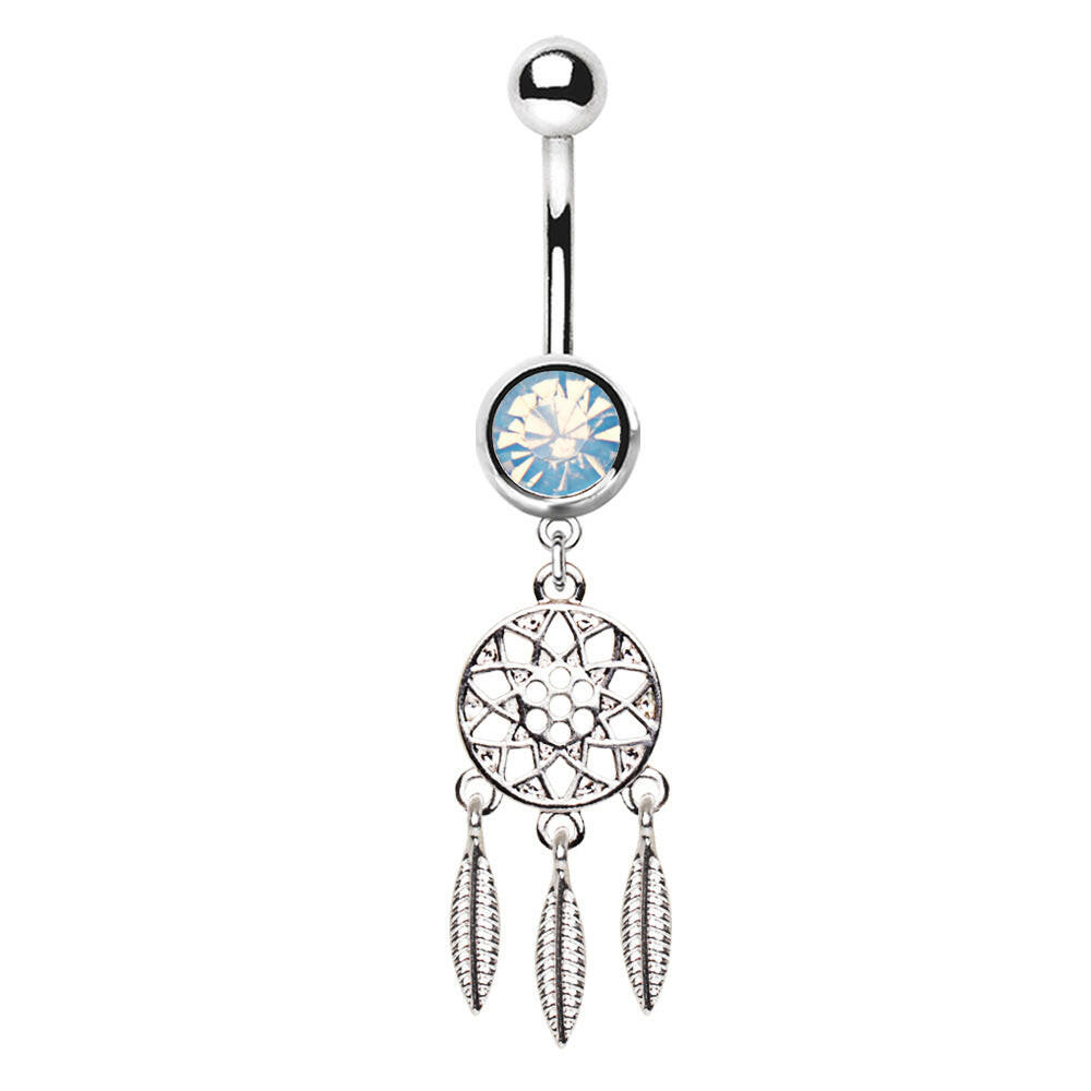 Stainless Steel Dangle Navel Ring with Silver Plated Dream Catcher.