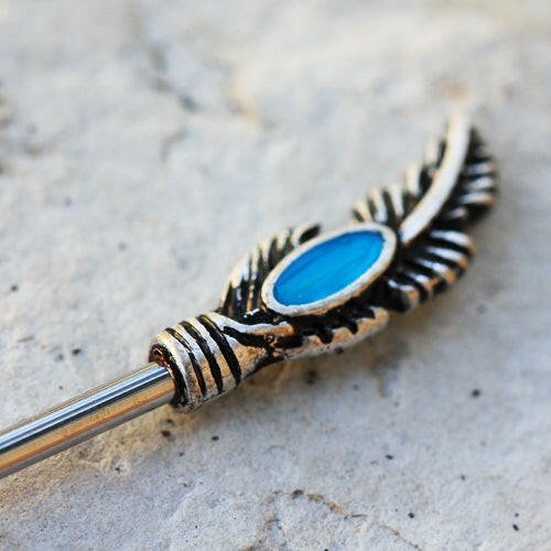 Stainless Steel Feather Nipple Bar with Turquoise Beads - Impulse Piercings