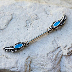 Stainless Steel Feather Nipple Bar with Turquoise Beads - Impulse Piercings