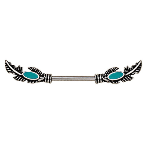 Stainless Steel Feather Nipple Bar with Turquoise Beads.