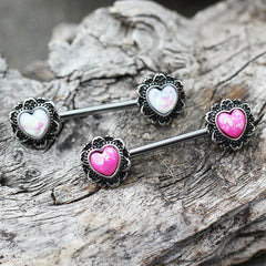 Stainless Steel Filigree Synthetic Opal Heart Nipple Bar - Impulse Piercings