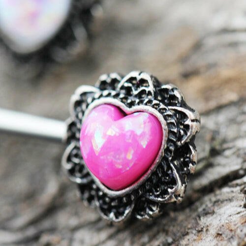 Stainless Steel Filigree Synthetic Opal Heart Nipple Bar - Impulse Piercings