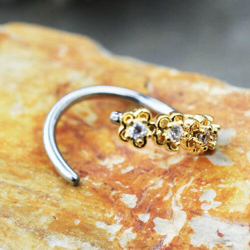 Stainless Steel Golden Flowers Seamless Circular Ring / Cartilage Earring - Impulse Piercings