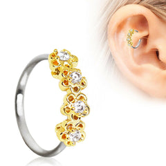 Stainless Steel Golden Flowers Seamless Circular Ring / Cartilage Earring - Impulse Piercings