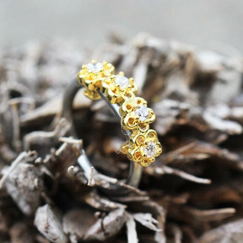 Stainless Steel Golden Flowers Seamless Circular Ring / Cartilage Earring - Impulse Piercings