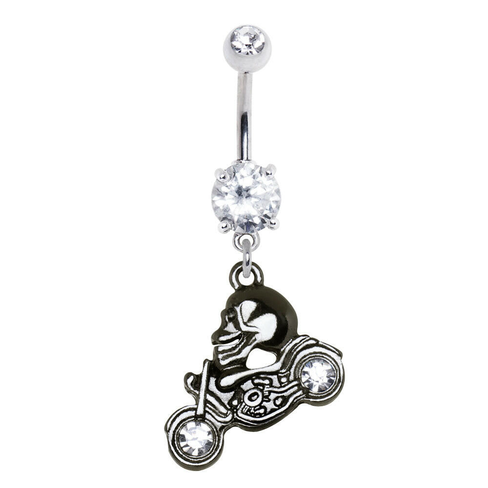 Stainless Steel Gothic Skull on Motorcycle Dangle Navel Ring.