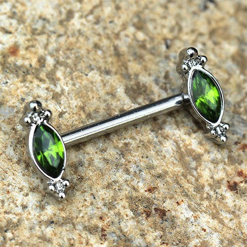 Stainless Steel Green Ornate Nipple Bar - Impulse Piercings