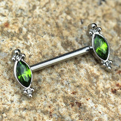 Stainless Steel Green Ornate Nipple Bar - Impulse Piercings