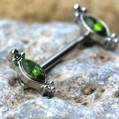 Stainless Steel Green Ornate Nipple Bar - Impulse Piercings