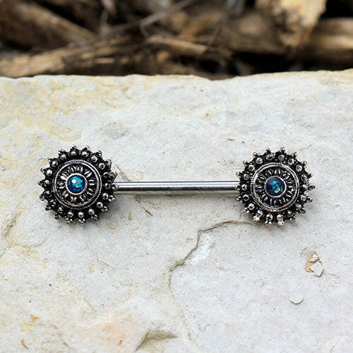 Stainless Steel Green Synthetic Opal Ornate Nipple Bar - Impulse Piercings