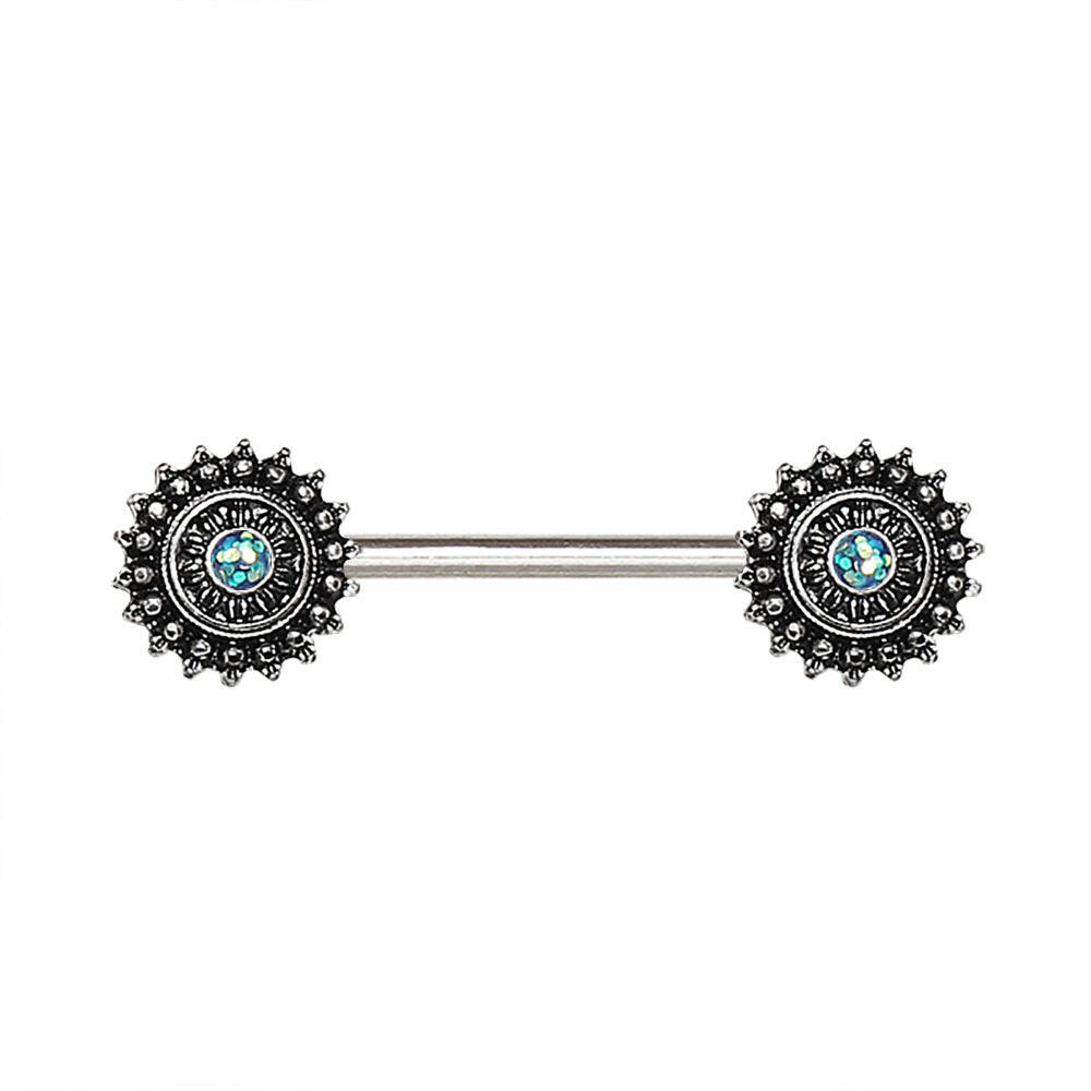 Stainless Steel Green Synthetic Opal Ornate Nipple Bar.