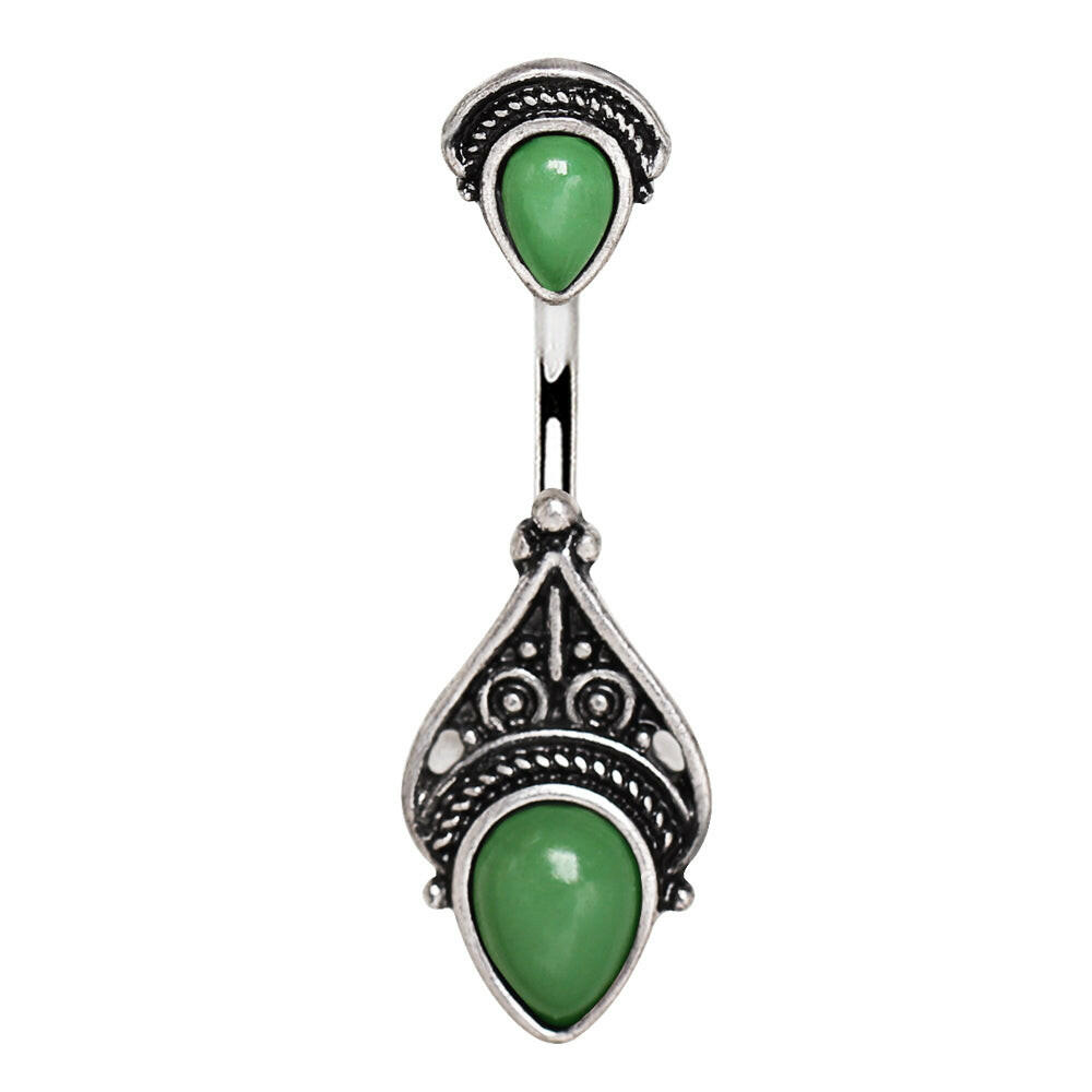 Stainless Steel Green Victorian Design Navel Ring.