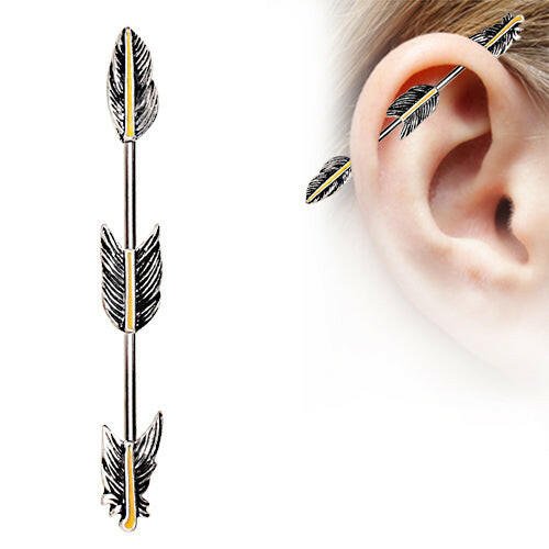 Stainless Steel Industrial Barbell with Golden Triple Tier Feathers.