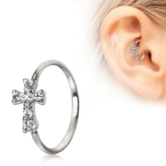 Stainless Steel Jeweled Cross Cartilage Earring / Nose Hoop Ring - Impulse Piercings