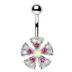 Stainless Steel Jeweled Fan Shaped Flower Navel Ring.