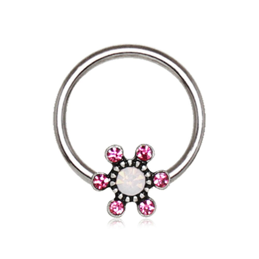 Stainless Steel Jeweled Flower Snap-in Captive Bead Ring / Septum Ring.