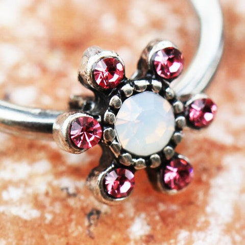 Stainless Steel Jeweled Flower Snap-in Captive Bead Ring / Septum Ring - Impulse Piercings