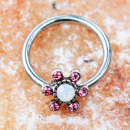 Stainless Steel Jeweled Flower Snap-in Captive Bead Ring / Septum Ring - Impulse Piercings