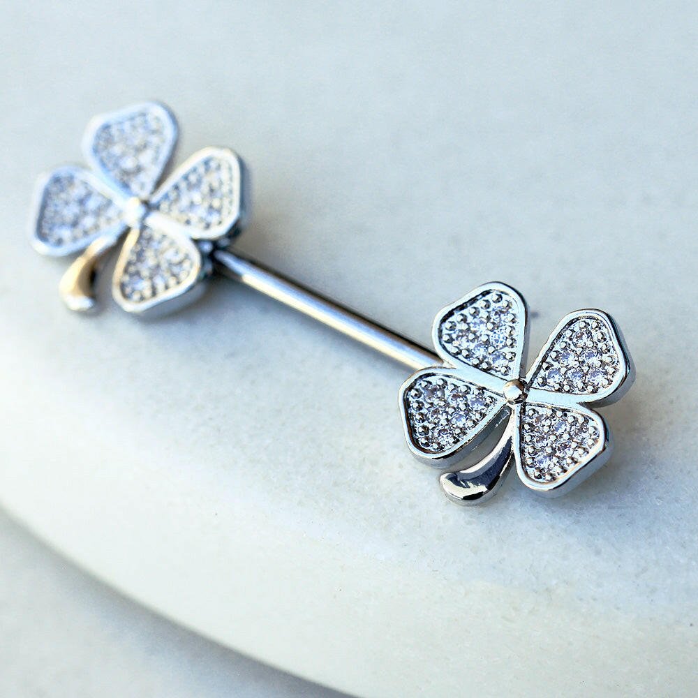 Stainless Steel Jeweled Glitzy Clover Leaf Nipple Bar - Impulse Piercings